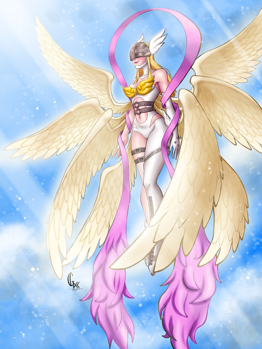 1girl, absurdres, angel, angewomon, anime_coloring, artist_name, blonde_hair, breasts