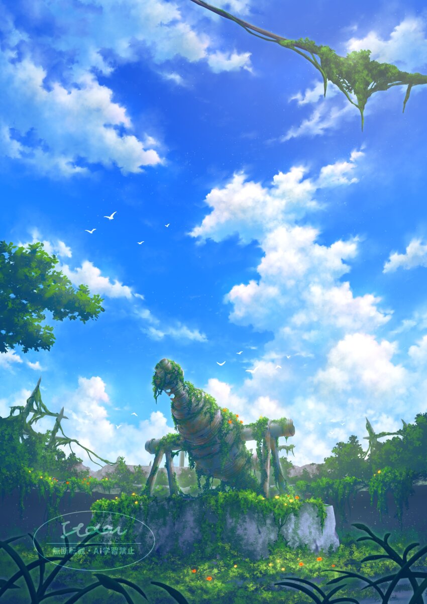 absurdres, au_ito, blue_sky, cloud, cloudy_sky, commentary_request, day, dilapidated, flock, flower, grass, highres, no_humans, original, overgrown, planetarium, red_flower, scenery, sky, watermark, yellow_flower