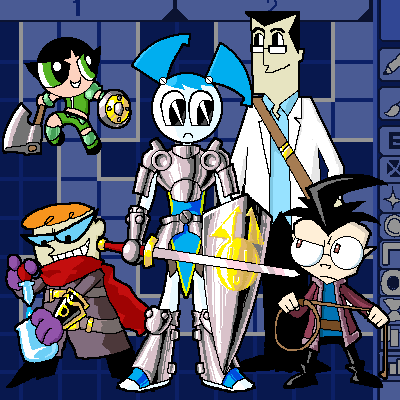 axe, black_hair, blue_shirt, buttercup_(ppg), coat, crossover, dark_hunter_(sekaiju), dexter's_laboratory, dexter_(dexter's_laboratory), dib_(invader_zim), etrian_odyssey, green_eyes, holding, holding_axe, holding_shield, holding_sword, holding_weapon, holding_whip, invader_zim, jenny_wakeman, leex, lowres, map, medic_(sekaiju), my_life_as_a_teenage_robot, orange_hair, paladin_(sekaiju), powerpuff_girls, professor_utonium, red_scarf, scarf, shield, shirt, sword, swordsman_(sekaiju), toon_(style), weapon, whip, white_coat