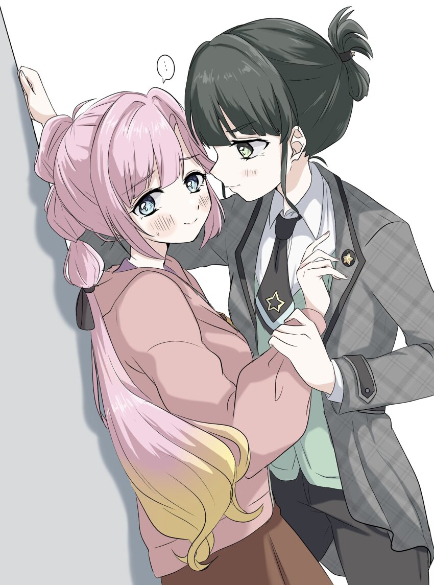 ..., 2girls, ahoge, anyoji_hime, averting_eyes, black_hair, black_necktie, black_pants