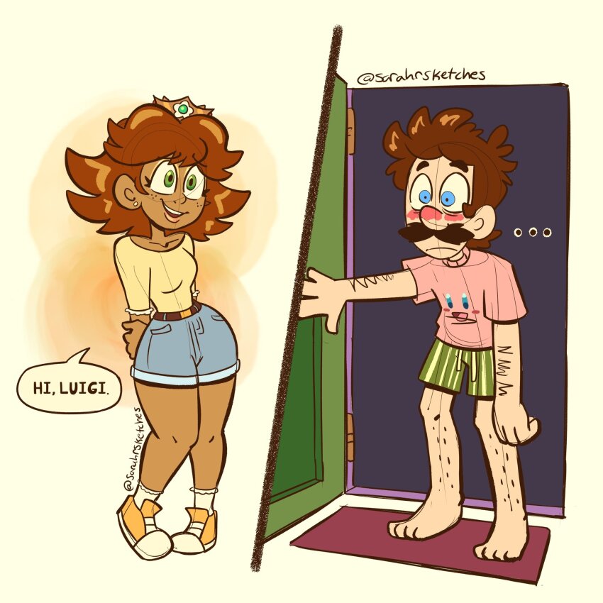 1boy, 1girl, arm_hair, arms_behind_back, barefoot, blue_eyes, blue_shorts, blush, brown_hair, crown, door, facial_hair, green_shorts, highres, kirby, kirby_(series), leg_hair, looking_at_another, luigi, mario_(series), mustache, nintendo, open_mouth, pink_shirt, princess, princess_daisy, redraw, sarah_sketches, shirt, shoes, shorts, speech_bubble