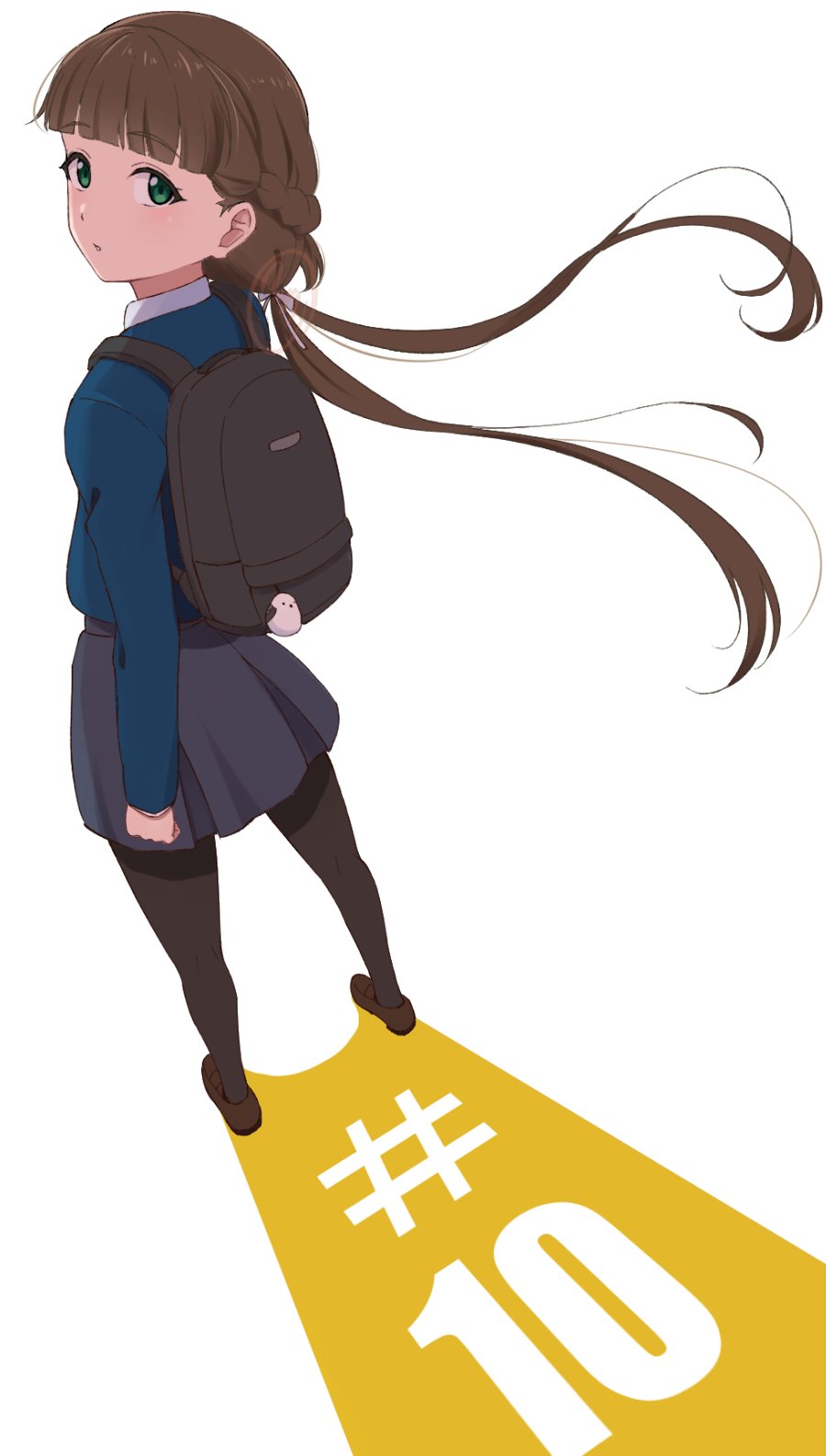 1girl, backpack, bag, black_bag, blue_jacket, blunt_bangs, braid, brown_hair