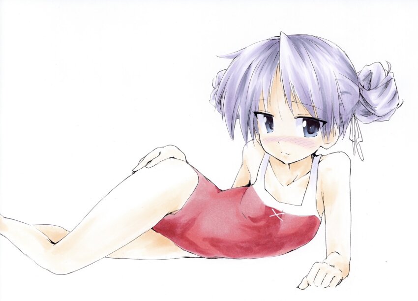 1girl, alternate_hairstyle, blue_eyes, blush, double_bun, flat_chest, hair_bun, hair_ribbon