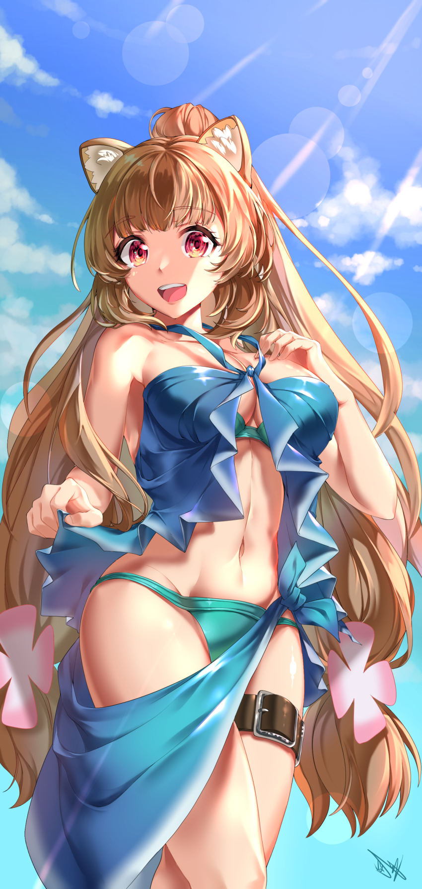 1girl, absurdres, acuma, animal_ears, aqua_bikini, belt, bikini, blue_sarong