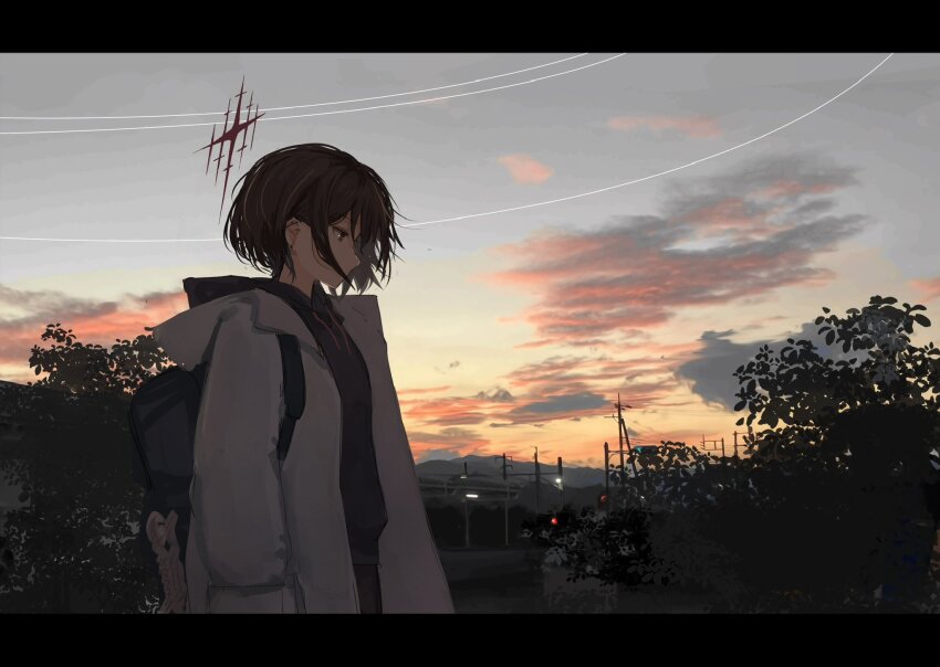 1girl, backpack, bag, black_border, black_hair, black_hoodie, blue_archive, border