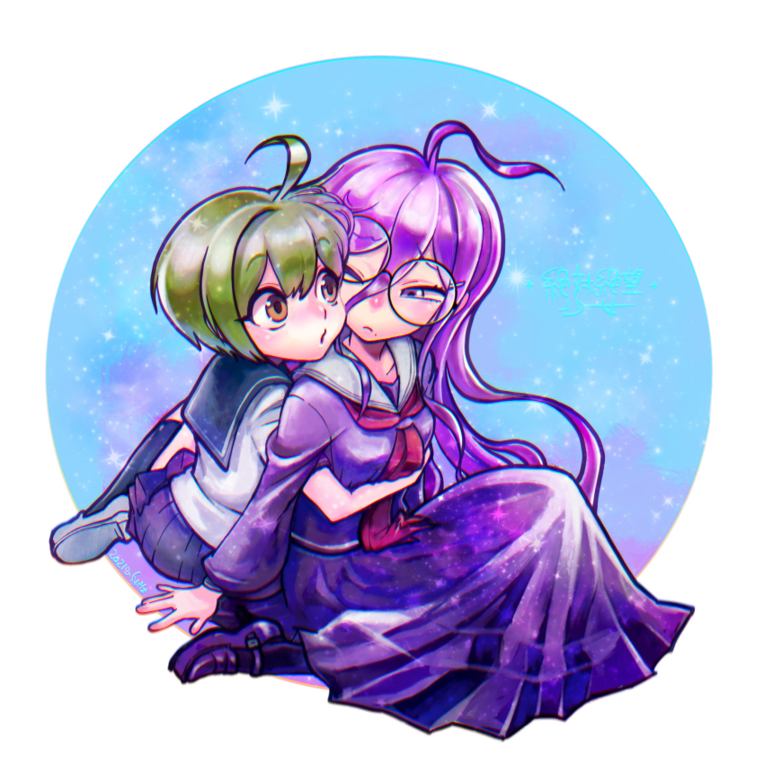 2girls, ahoge, blue_sailor_collar, blue_skirt, blue_socks, brown_eyes, closed_mouth, commentary_request