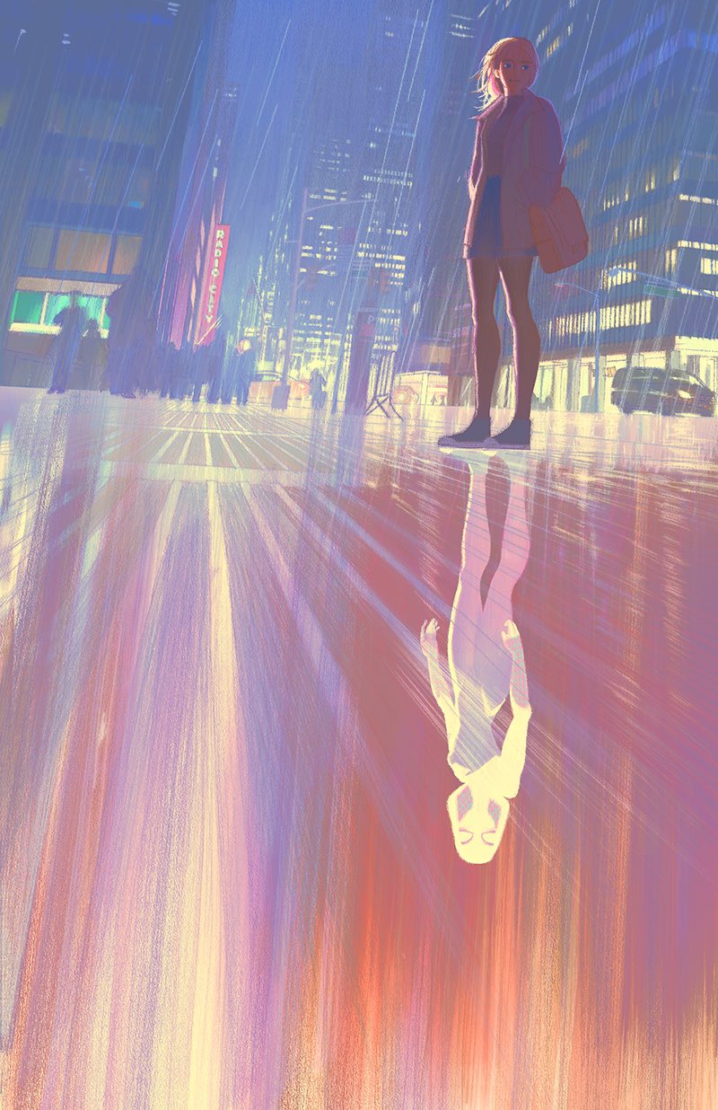 1girl, 6+others, bag, black_bodysuit, black_footwear, black_shirt, blonde_hair, blue_eyes, blue_skirt, blue_sky, bodysuit, brown_bag, brown_pantyhose, building, car, chuwenjie, city, closed_mouth, coat, commentary, crowd, different_reflection, dual_persona, english_commentary, full_body, gwen_stacy, highres, hood, hooded_bodysuit, long_sleeves, looking_afar, marvel, motor_vehicle, multicolored_bodysuit, multicolored_hair, multiple_others, night, open_clothes, open_coat, outdoors, pantyhose, pink_hair, purple_bodysuit, rain, reflection, road, shirt, shoes, short_hair, skirt, sky, skyscraper, sneakers, spider-gwen, spider-man_(series), spider-verse, spider_web_print, standing, streaked_hair, superhero_costume, white_bodysuit, white_coat