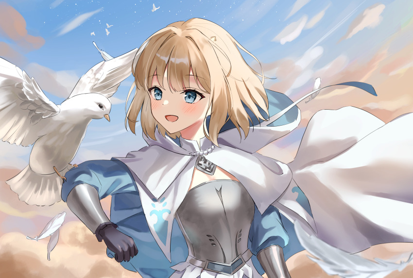 1girl, absurdres, animal_on_arm, armor, bird, bird_on_arm, black_gloves, blonde_hair