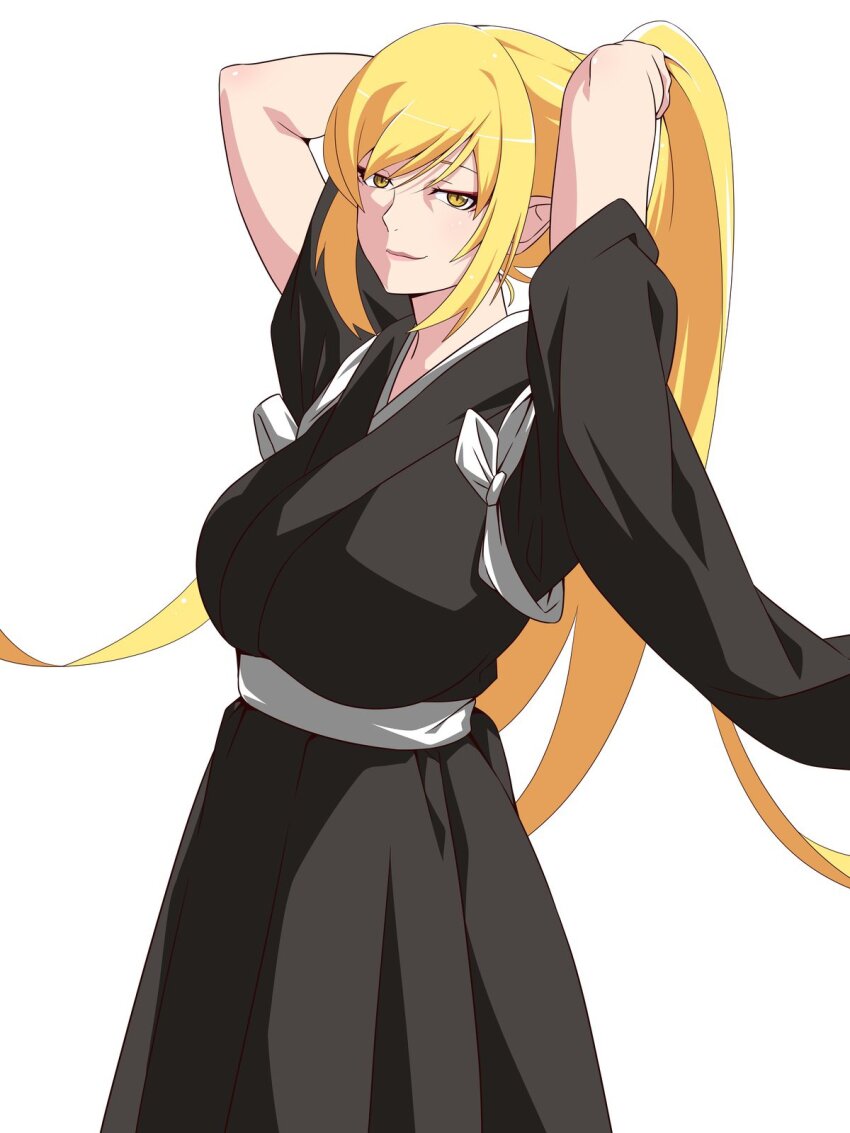 1girl, aged_up, alternate_costume, alternate_hair_length_(longer), anime_coloring, arms_up, belt, black_dougi, black_theme, blonde_hair, breasts, commentary_request, cowboy_shot, dougi, guchiknight, highres, huge_breasts, japanese_clothes, jitome, light_blush, light_smile, long_hair, long_sleeves, looking_at_viewer, monogatari_(series), nostrils, official_alternate_body_size, official_alternate_design, official_alternate_hairstyle, official_style, oshino_shinobu, ponytail, sidelocks, simple_background, slit_pupils, smile, solo, tasuki, tying_hair, very_long_hair, white_background, white_belt, white_trim, yellow_eyes