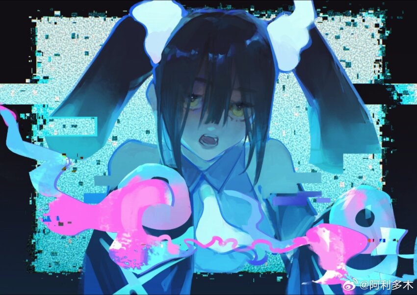 1girl, ali_duo_mu, aqua_hair, bare_shoulders, black_border, black_sleeves, border, center-flap_bangs