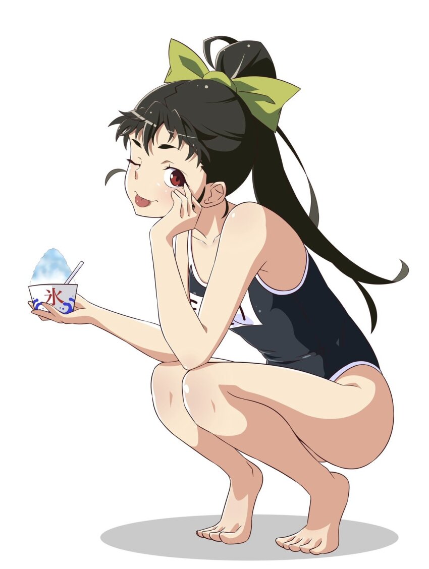 1girl, ahoge, akanbe, alternate_costume, alternate_hairstyle, anime_coloring, bare_legs, barefoot, black_hair, black_one-piece_swimsuit, blue_one-piece_swimsuit, blush, breasts, brown_eyes, circle_shadow, closed_mouth, collarbone, commentary_request, competition_school_swimsuit, cup, eyelid_pull, food, green_ribbon, guchiknight, hachikuji_mayoi, hair_ribbon, hand_on_own_face, high_ponytail, highres, holding, holding_cup, holding_food, huge_ahoge, knee_blush, light_blush, lone_nape_hair, looking_at_viewer, monogatari_(series), official_style, one-piece_swimsuit, ponytail, red_eyes, ribbon, school_swimsuit, shaved_ice, shoulder_blush, sidelocks, simple_background, small_breasts, solo, squatting, swimsuit, thick_eyebrows, tiptoes, tongue, tongue_out, translation_request, white_background, white_trim