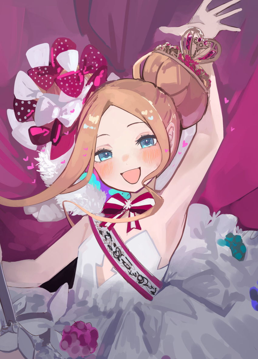 1girl, abigail_williams_(fate), abigail_williams_(santa)_(fate), absurdres, blonde_hair, blue_eyes, blush, bow, breasts, dress, fate/grand_order, fate_(series), forehead, frill_inferno, hair_bow, highres, long_hair, looking_at_viewer, parted_bangs, red_bow, small_breasts, solo, white_bow, white_dress