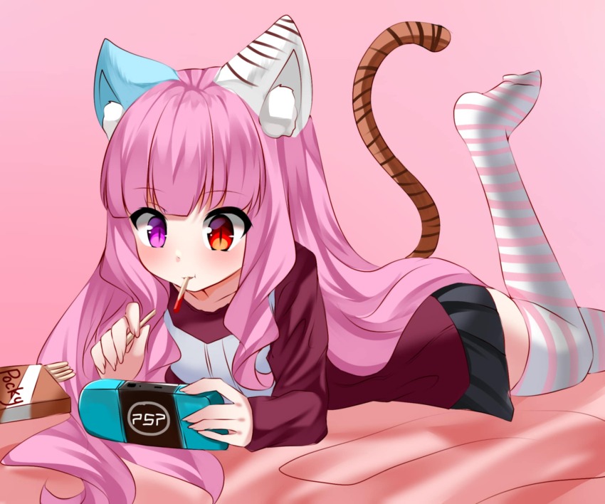 akemithekitten, child, chloeakemi, food, handheld_game_console, highres, lying, nekomata, on_stomach, playstation_portable, pocky
