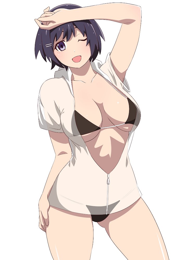 :d, alternate_costume, anime_coloring, arm_up, bikini, bikini_under_clothes, black_bikini, black_hair