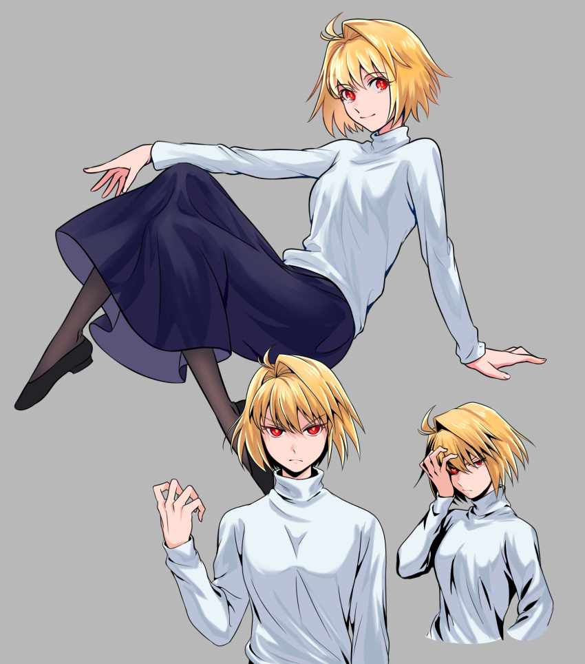 1girl, ahoge, angry, applechoc, arcueid_brunestud, blonde_hair, commentary_request, grey_background