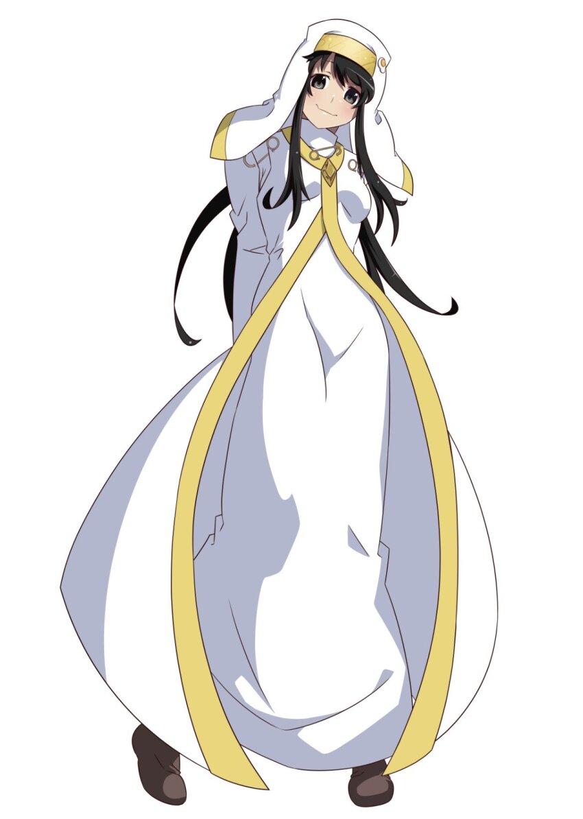 1girl, alternate_costume, anime_coloring, araragi_tsukihi, arms_behind_back, black_hair, blush, breasts