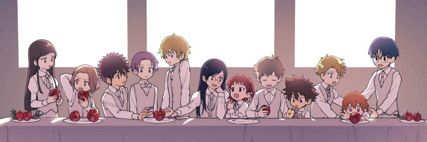 apple, digimon, digimon_adventure_02, eating, food, fruit, full_body, glasses