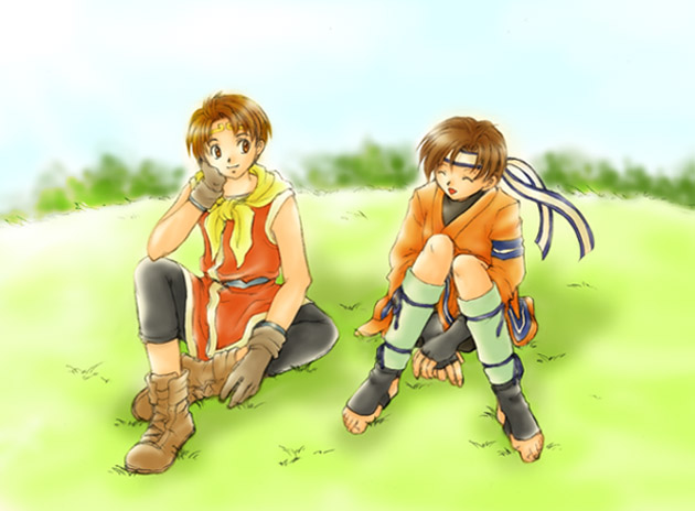 1boy, 1girl, barefoot, brown_eyes, brown_hair, closed_eyes, fingerless_gloves, gensou_suikoden, gensou_suikoden_ii, gloves, headband, outdoors, riou_(suikoden), robe, smile, wakaba_(suikoden)