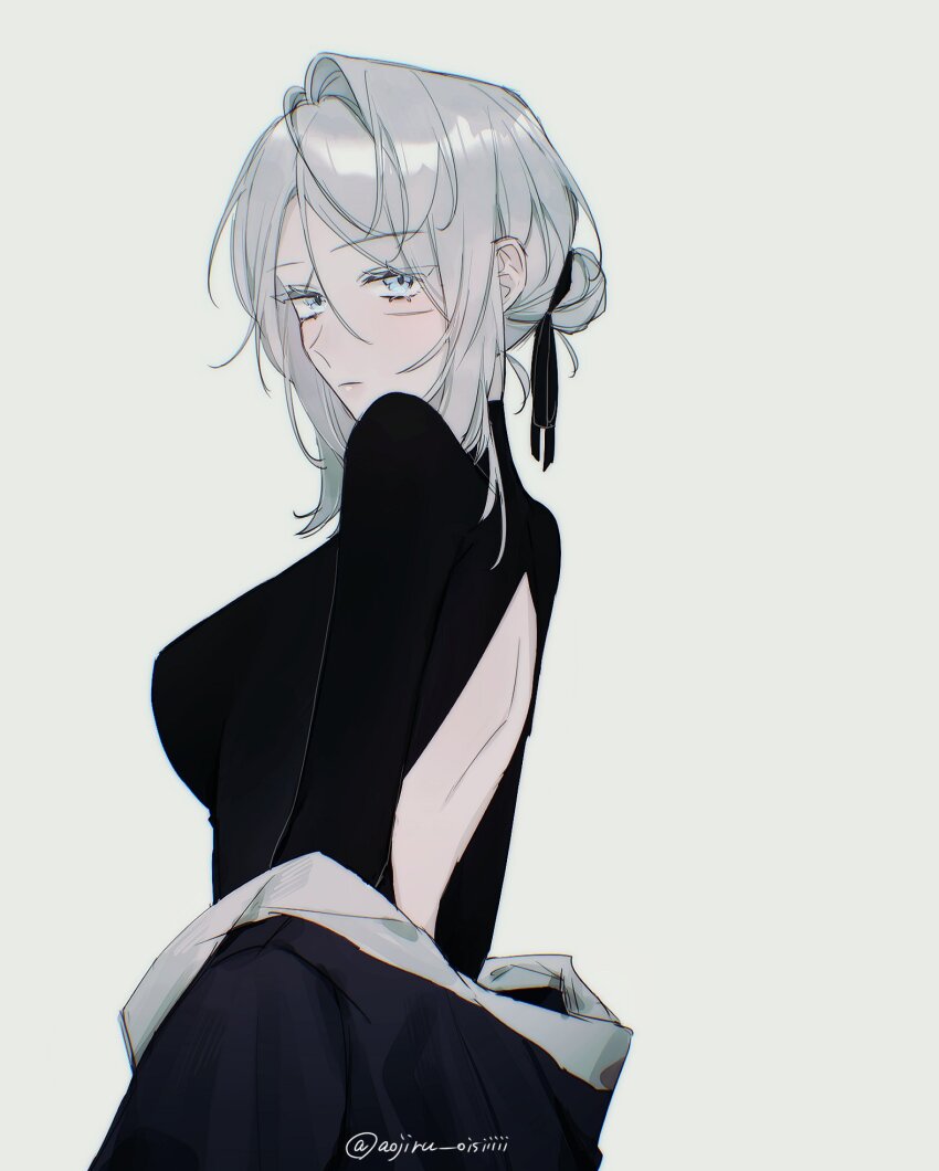 1girl, aojiru_oisiiiii, black_coat, black_ribbon, black_shirt, blade_lineage_(identity)_(project_moon), blue_eyes, breasts