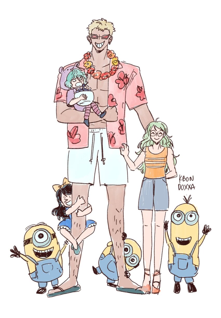 1boy, 3girls, aqua_hair, arms_up, avaxxah, baby_5, black_hair, blonde_hair, blue_shorts, carrying, carrying_person, commentary, donquixote_doflamingo, earrings, english_commentary, floral_print, flower, flower_necklace, full_body, glasses, green_hair, highres, jewelry, leg_hair, minion_(despicable_me), minions_(movie), monet_(one_piece), multiple_girls, necklace, one_piece, orange_tank_top, sandals, shorts, simple_background, smile, sugar_(one_piece), sunglasses, tank_top, white_background