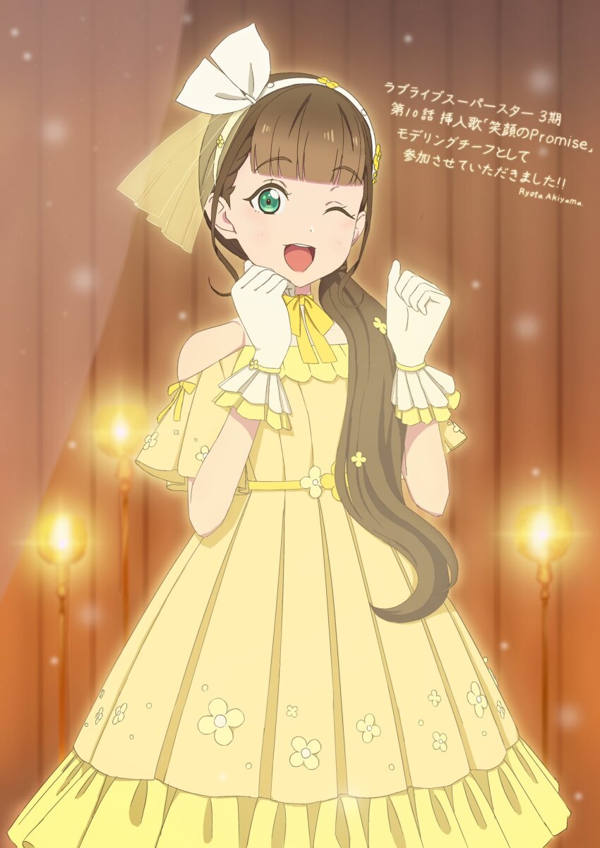 1girl, ;d, artist_name, bow, bow_hairband, brown_hair, clothing_cutout, commentary_request