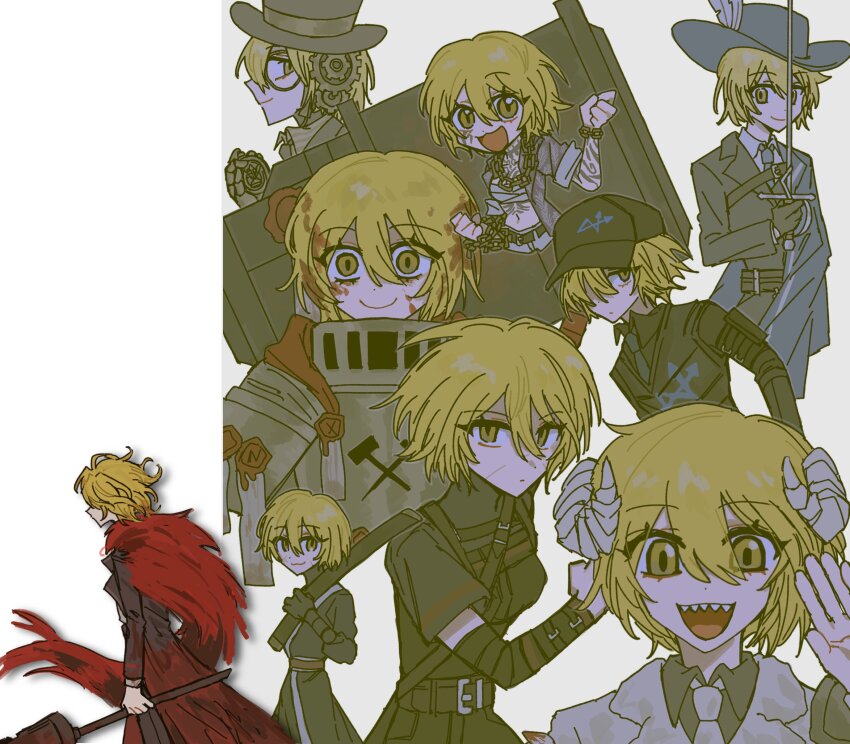 6+girls, absurdres, black_shirt, blade_lineage_(identity)_(project_moon), blonde_hair, blue_hat, blue_necktie, chain
