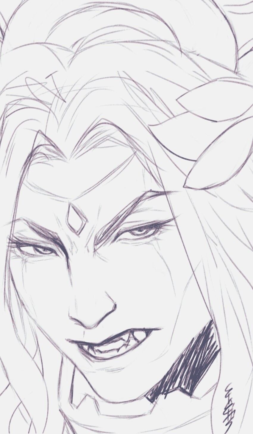 1boy, blood_angels, close-up, commentary, enerisart, english_commentary, fangs, forehead_jewel, highres, jewelry, laurel_crown, lineart, long_hair, looking_at_viewer, male_focus, monochrome, open_mouth, portrait, primarch, sanguinius, sharp_teeth, simple_background, sketch, solo, teeth, unfinished, warhammer_40k