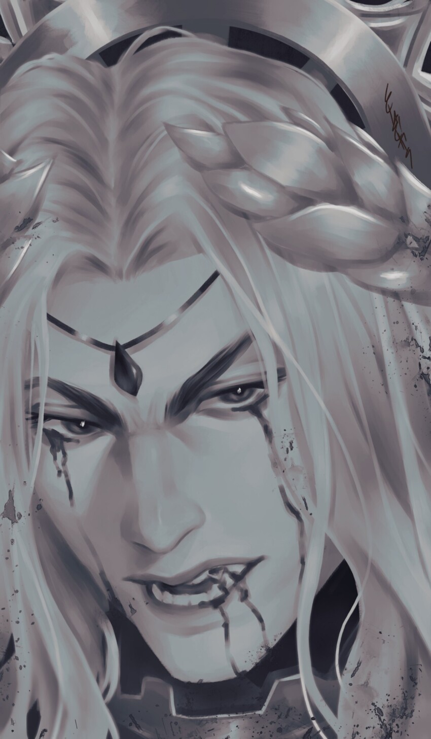 1boy, armor, blood, blood_angels, blood_from_mouth, blood_on_teeth, bloody_tears, close-up