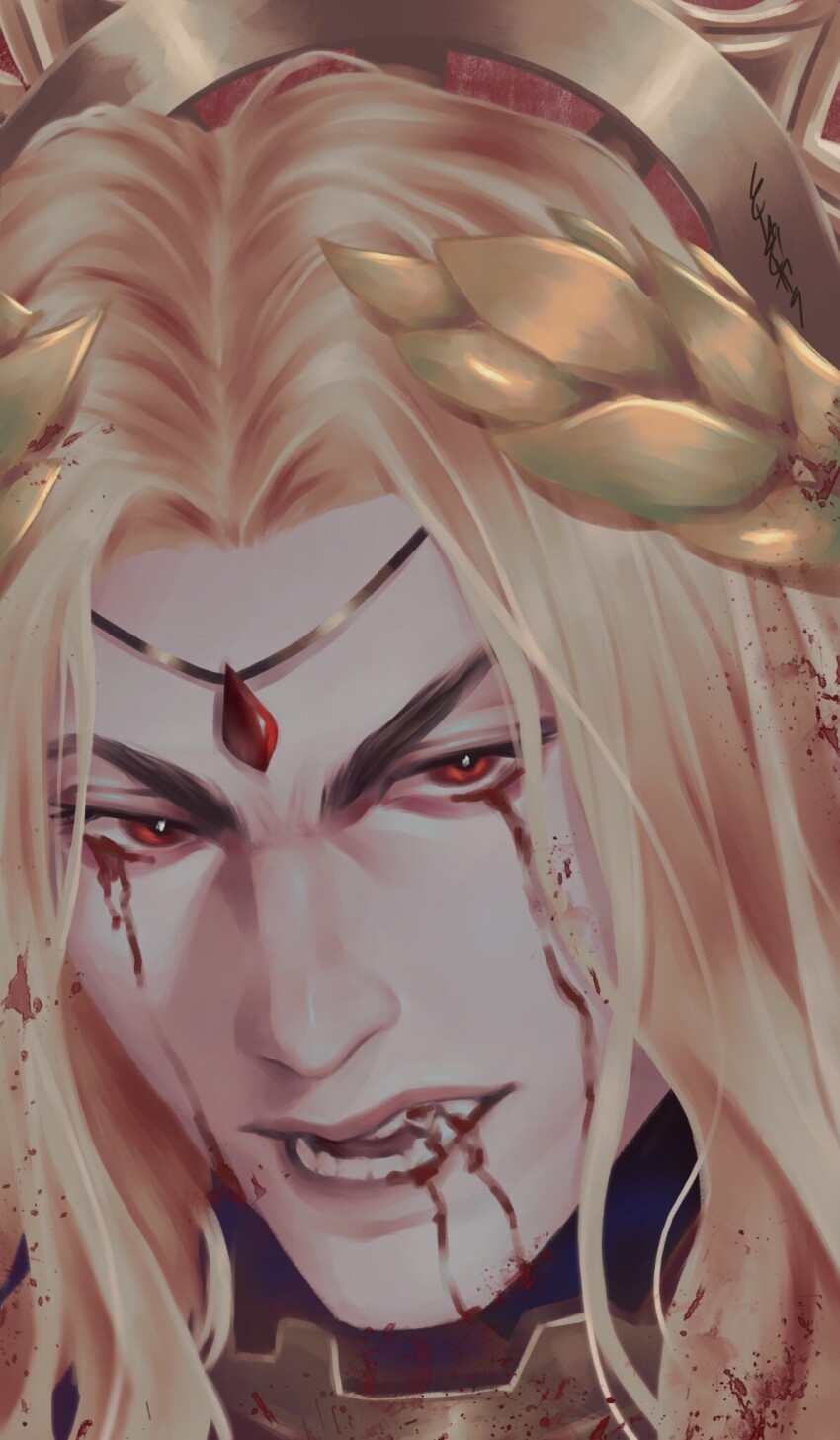 1boy, armor, blonde_hair, blood, blood_angels, blood_from_mouth, blood_on_teeth, bloody_tears