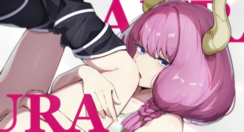 1girl, aura_(sousou_no_frieren), blue_eyes, braid, character_name, collarbone, demon_girl, demon_horns