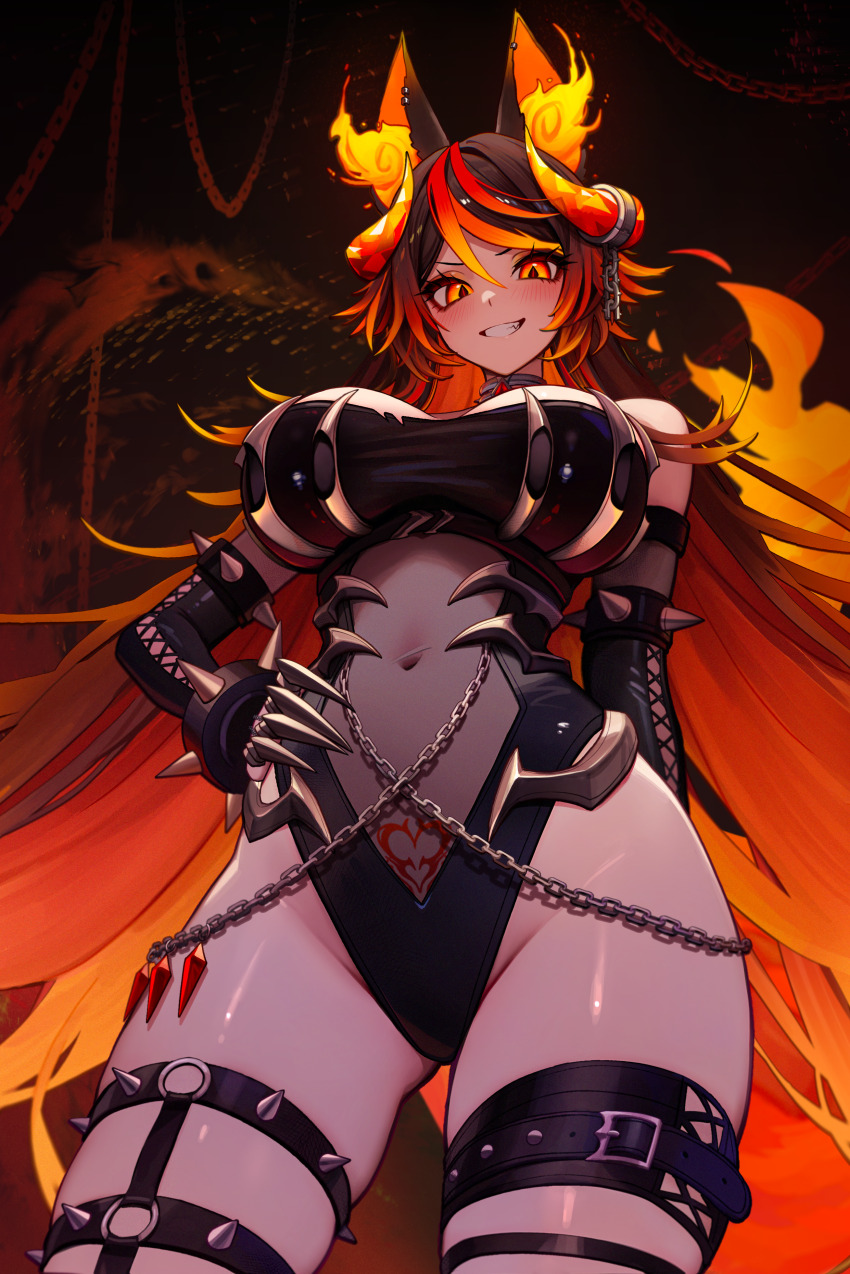 1girl, absurdres, belt, black_nails, breasts, brown_hair, chain, clickdraws