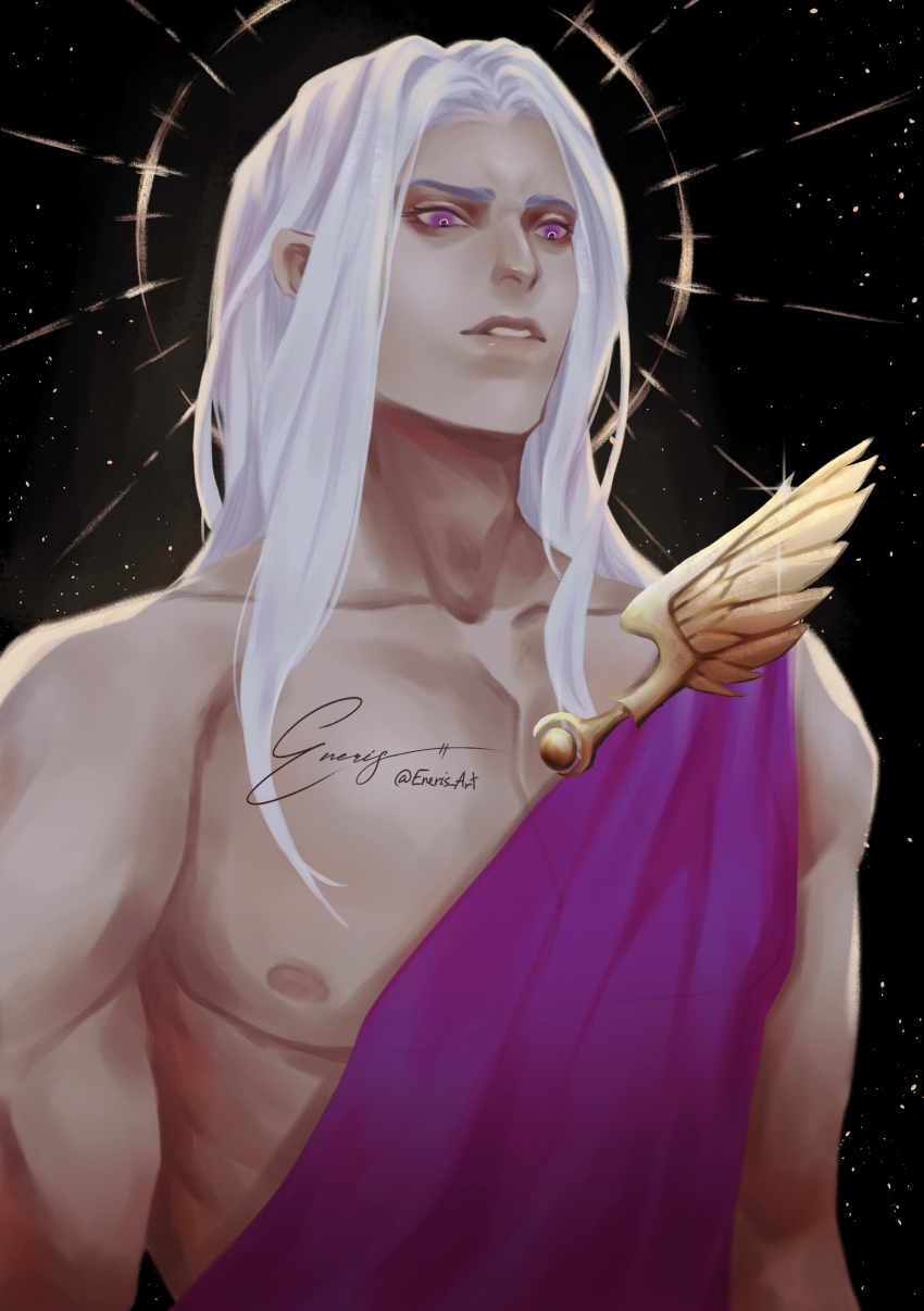 1boy, absurdres, artist_name, bright_pupils, commentary, emperor's_children, enerisart, english_commentary, fulgrim, halo, halo_behind_head, halo_effect, highres, large_pectorals, lips, long_hair, male_focus, muscular, muscular_male, night, parted_lips, pectorals, primarch, purple_eyes, signature, sky, solo, standing, star_(sky), toga, upper_body, warhammer_40k, white_hair, white_pupils