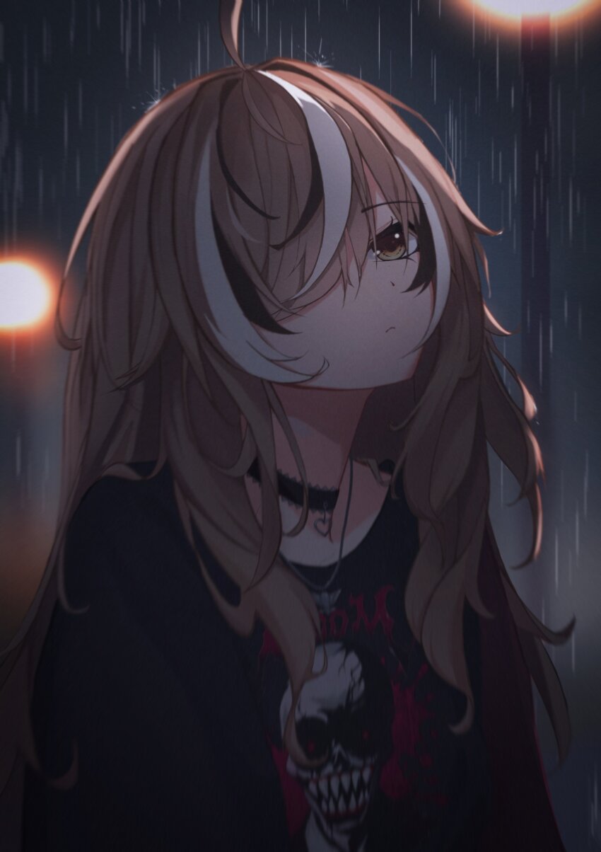 1girl, absurdres, ahoge, black_choker, black_hair, black_shirt, brown_hair, choker