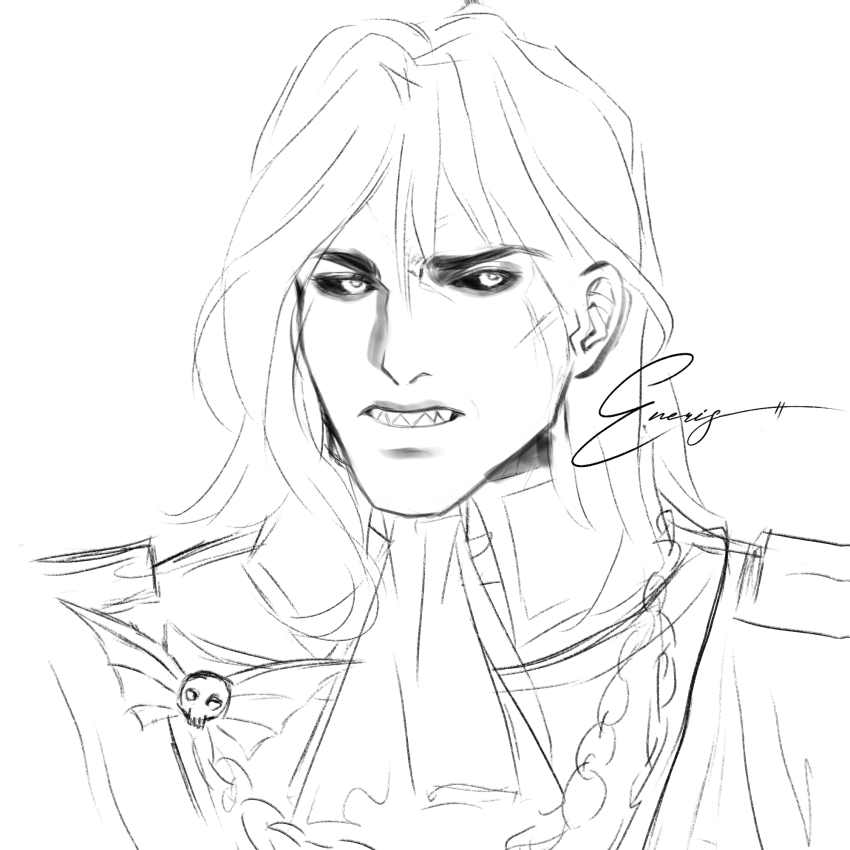 1boy, artist_name, ascot, black_sclera, brooch, colored_sclera, commentary, enerisart