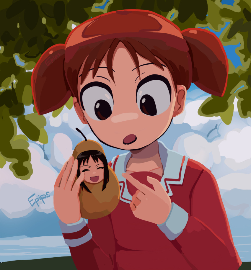 2girls, :o, artist_name, azumanga_daioh's_school_uniform, azumanga_daiou, blue_sky, brown_eyes, collarbone, cosplay, epips, food, fruit, highres, holding, holding_food, holding_fruit, in_food, kasuga_ayumu, long_sleeves, mihama_chiyo, multiple_girls, open_mouth, pear, pearto_(cosplay), pink_shirt, school_uniform, shirt, short_twintails, sky, tree, twintails, upper_body