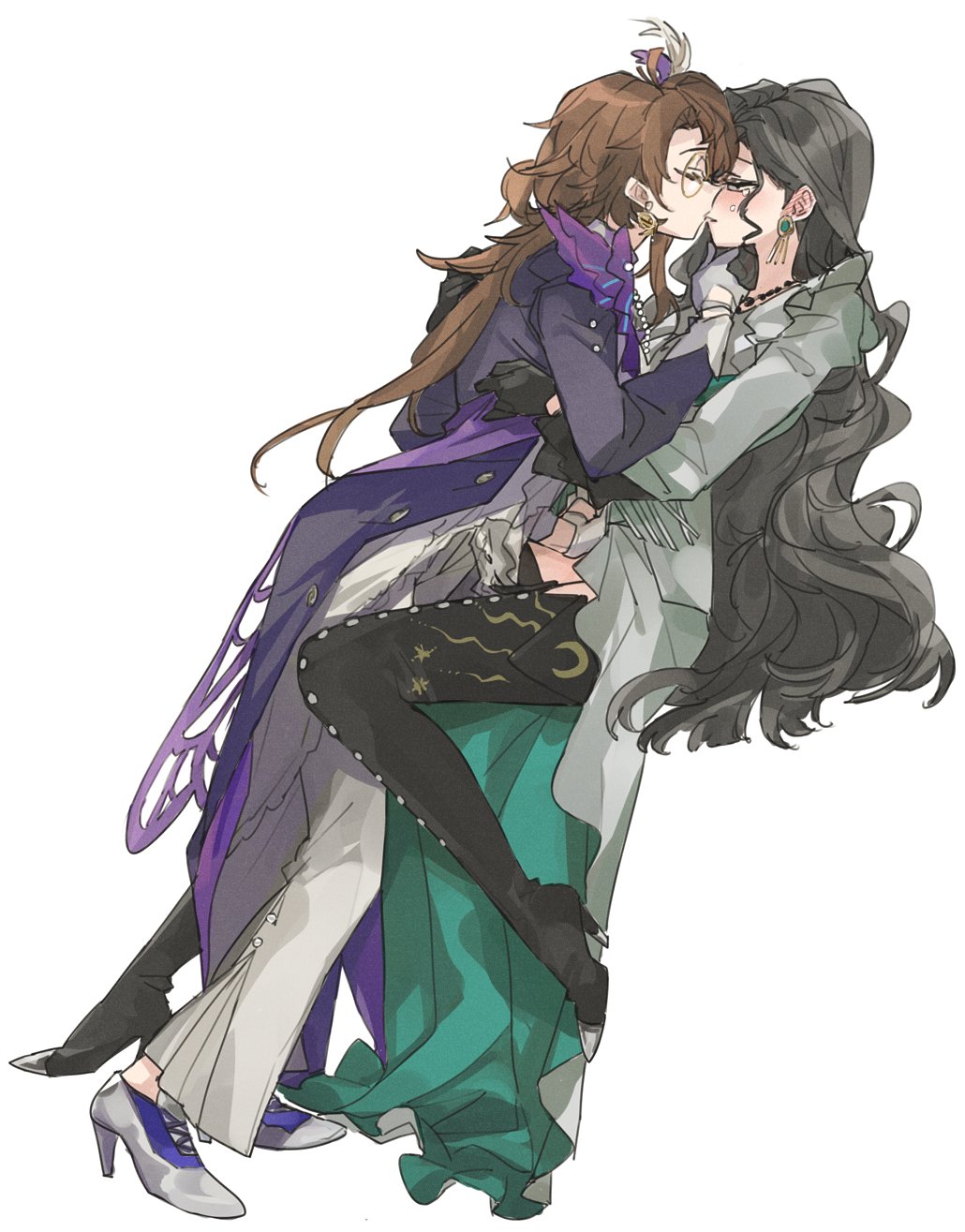 2girls, black_footwear, black_hair, boots, brown_hair, coat, commentary, crying