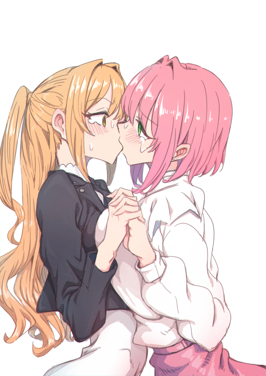 2girls, absurdres, blonde_hair, blush, breast_press, crying, crying_with_eyes_open, frilled_shirt, frills, green_eyes, hanazono_hakari, highres, inda_karane, interlocked_fingers, kimi_no_koto_ga_dai_dai_dai_dai_daisuki_na_100-nin_no_kanojo, light_blush, long_hair, multiple_girls, nanami_yotsuya, narrow_waist, out_of_frame, pink_hair, ponytail, shirt, short_hair, sidelocks, simple_background, symmetrical_docking, tears, upper_body, white_background, wispy_bangs, yuri