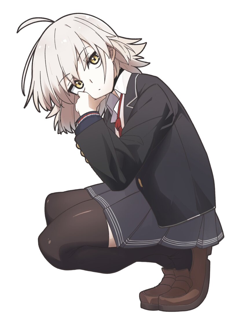 1girl, ahoge, black_choker, black_jacket, black_thighhighs, brown_shoes, choker, closed_mouth
