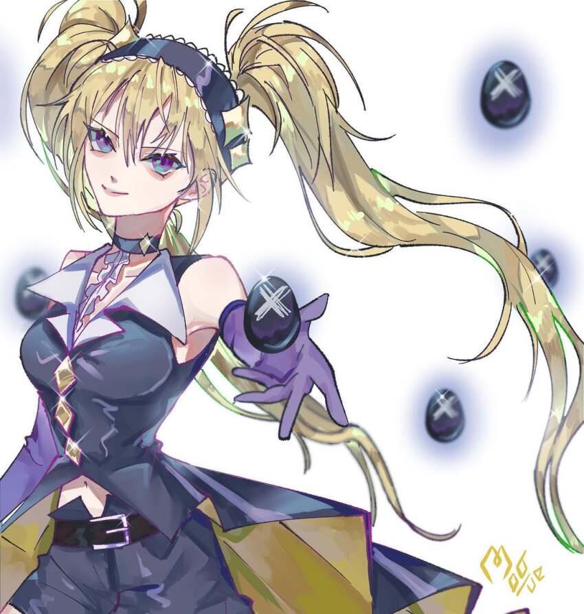 1girl, artist_name, belt, blonde_hair, choker, closed_mouth, collared_shirt, commentary_request, diamond_(shape), egg, floating_hair, glint, gloves, headband, hoshina_utau, korean_commentary, moblue_030, purple_eyes, purple_gloves, shirt, shugo_chara!, sidelocks, simple_background, sleeveless, smile, solo, twintails, white_background, x-egg_(shugo_chara!)