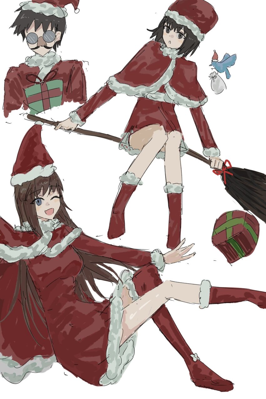 1boy, 2girls, aozaki_aoko, black_hair, blue_eyes, box, broom, broom_riding