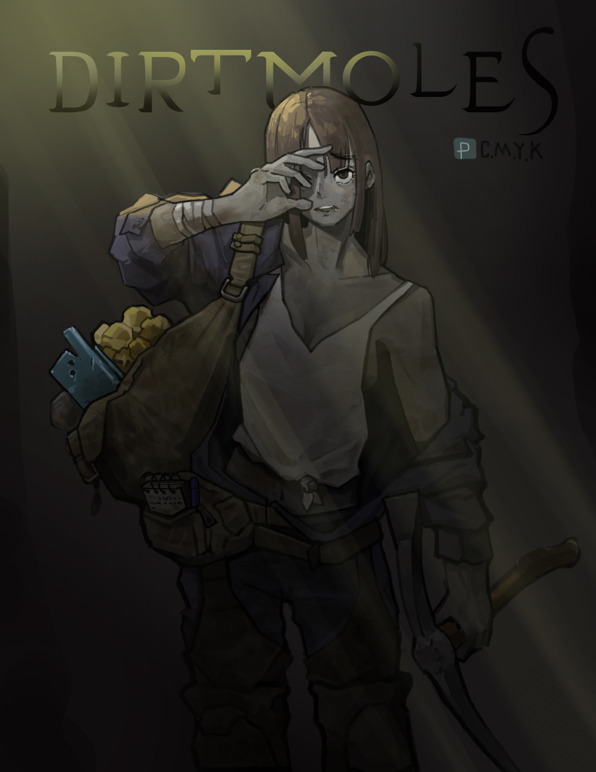 1girl, absurdres, bag, bandaged_arm, bandages, belt_pouch, blue_jacket, blue_pants, brown_hair, cmyk-kim, colored_skin, dirtmole_(rimworld), english_text, gold, grey_eyes, grey_skin, highres, holding, holding_pickaxe, jacket, long_hair, notepad, pants, pawn_(rimworld), pickaxe, pixiv_logo, pixiv_username, pouch, rimworld, satchel, solo, sunlight, tank_top, white_tank_top