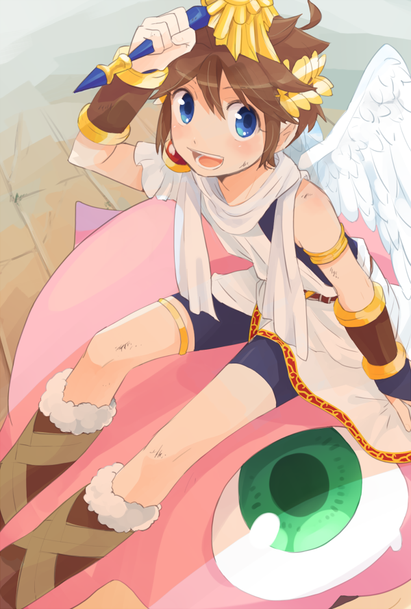 1boy, ahoge, angel, angel_wings, bike_shorts, blue_eyes, first_blade_(kid_icarus), green_eyes, holding, holding_sword, holding_weapon, kid_icarus, kid_icarus_uprising, laurel_crown, looking_at_viewer, male_focus, monoeye_(kid_icarus), niimura_(csnel), nintendo, one-eyed, open_mouth, pit_(kid_icarus), sitting, sword, weapon, wings