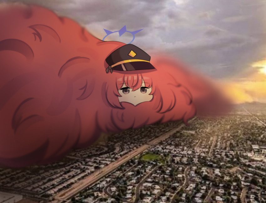 1girl, absurdly_long_hair, black_hat, blue_archive, blue_halo, building, closed_mouth, cloud