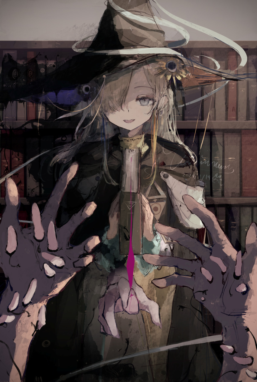 1boy, 1girl, black_cape, blonde_hair, book, bookshelf, cape, commentary_request