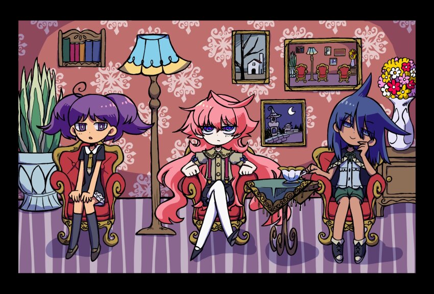 3girls, :/, @_@, armchair, black_border, black_cape, black_dress, black_socks, blue_eyes, blue_hair, blue_skirt, bookshelf, boots, border, brown_shirt, cape, chair, commentary_request, crossed_legs, cup, dark-skinned_female, dark_skin, dress, expressionless, floor_lamp, green_shorts, hair_ears, half-closed_eyes, hand_on_own_chin, hands_on_own_knees, head_tilt, highres, indoors, jitome, kneehighs, lamp, lineup, long_hair, looking_at_viewer, mozou_crystal_(style), multicolored_eyes, multiple_girls, omutamago, open_mouth, original, painting_(object), pale_skin, pantyhose, pink_hair, plant, potted_plant, puffy_short_sleeves, puffy_sleeves, purple_eyes, purple_hair, recursion, shirt, short_dress, short_hair, short_sleeves, shorts, sitting, sitting_on_hair, skirt, smile, socks, suspenders, teacup, twintails, vase, very_long_hair, wallpaper_(object), white_pantyhose
