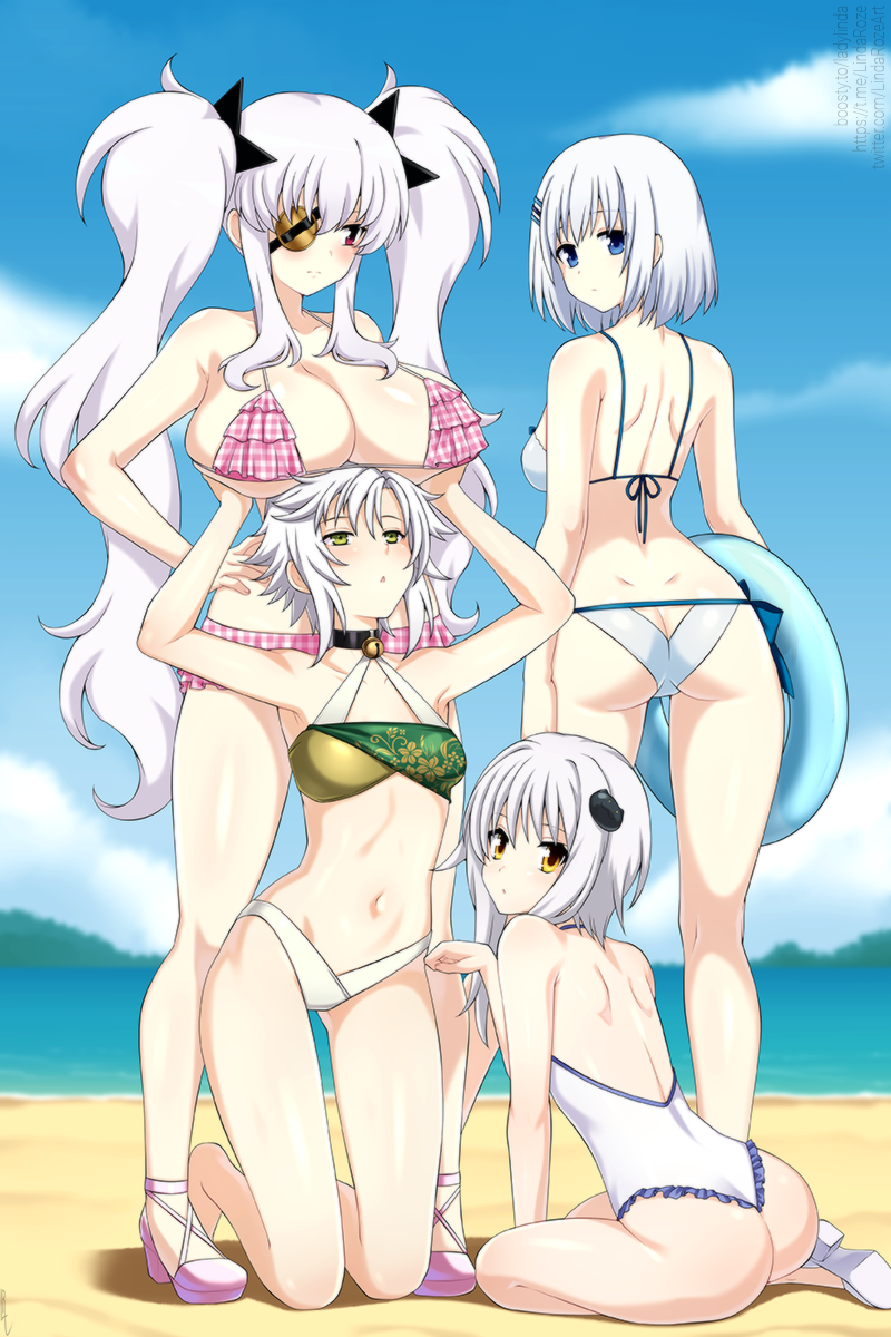 4girls, arms_up, ass, ass_cutout, beach, bell, bikini, blue_eyes, blue_sky, blurry, blurry_background, blush, breast_rest, breasts, breasts_on_head, butt_crack, cat_hair_ornament, cleavage, closed_mouth, clothing_cutout, cloud, color_connection, commentary, crossover, date_a_live, day, eiyuu_densetsu, english_commentary, eyepatch, female_focus, fie_claussell, frilled_bikini, frills, from_behind, green_eyes, grey_hair, hair_ornament, hairclip, high_heels, high_school_dxd, highres, holding, holding_swim_ring, innertube, jingle_bell, kneeling, large_breasts, lindaroze, long_hair, looking_at_viewer, looking_back, medium_hair, multiple_crossover, multiple_girls, navel, neck_bell, one-piece_swimsuit, outdoors, pink_bikini, pink_shoes, red_eyes, sandals, sen_no_kiseki, sen_no_kiseki_(series), sen_no_kiseki_ii, senran_kagura, shoes, short_hair, sky, small_breasts, standing, swim_ring, swimsuit, tobiichi_origami, toujou_koneko, trait_connection, triangle_mouth, twintails, underboob, very_long_hair, water, wedgie, white_bikini, white_footwear, white_one-piece_swimsuit, yagyu_(senran_kagura), yellow_eyes