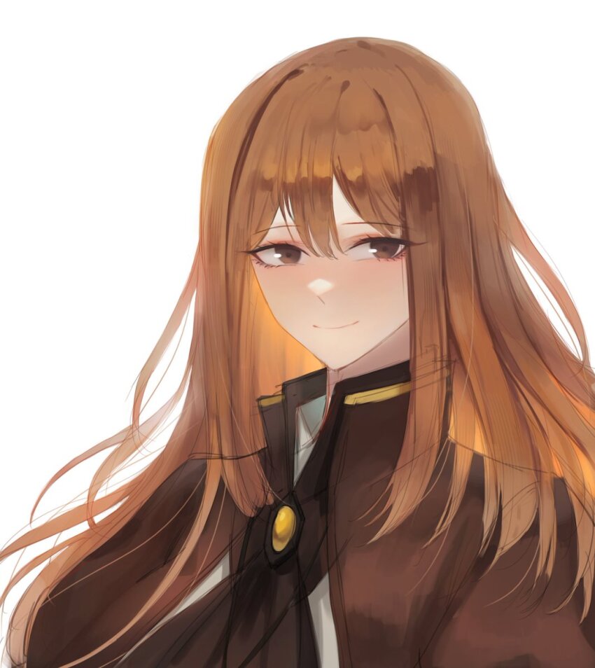 1girl, 78_mariner, ascot, brooch, brown_ascot, brown_eyes, brown_hair, brown_jacket, catherine_(project_moon), closed_mouth, collared_shirt, highres, jacket, jewelry, limbus_company, long_hair, necklace, project_moon, shirt, sidelocks, simple_background, smile, solo, upper_body, white_background, white_shirt