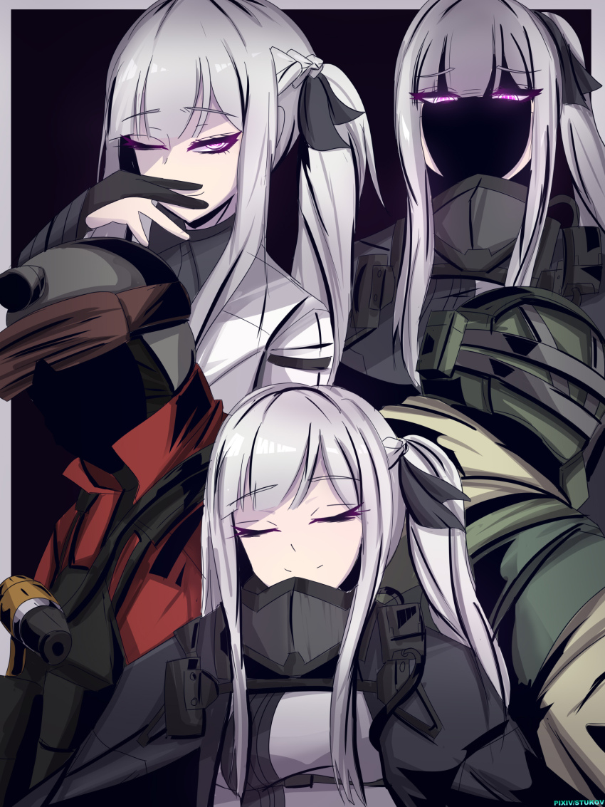 1girl, absurdres, ace_(rainbow_six_siege), ak-12_(girls'_frontline), armor, artificial_eye, closed_eyes, fuze_(rainbow_six_siege), girls'_frontline, gloves, grey_hair, half_gloves, helmet, highres, single_mechanical_eye, one_eye_closed, ponytail, purple_eyes, rainbow_six_siege, shaded_face, side_ponytail, stukov, tactical_clothes, unusually_open_eyes