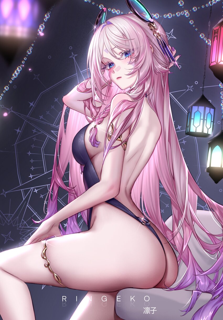 1girl, absurdres, alternate_costume, artist_name, ass, back, backless_leotard, backless_outfit