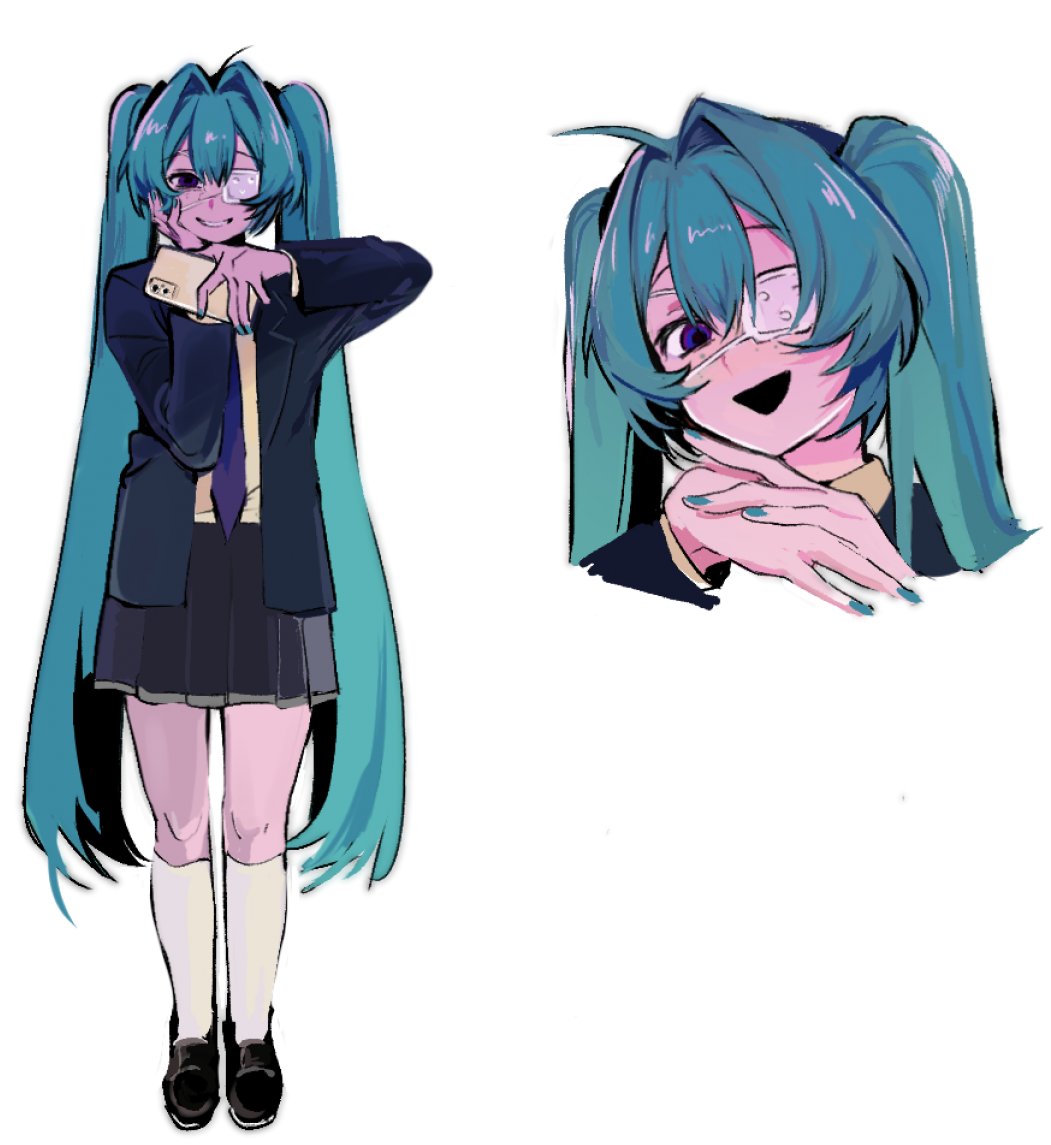 1girl, black_footwear, blue_hair, cellphone, eyepatch, hair_intakes, hands_up, hashtag-only_commentary